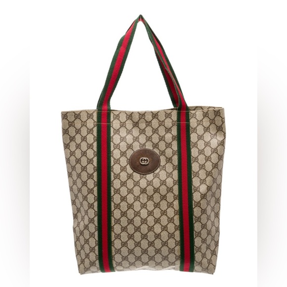 VINTAGE Gucci Beige Monogram Tote with Red and Green Stripes 14”x13” - Picture 1 of 10